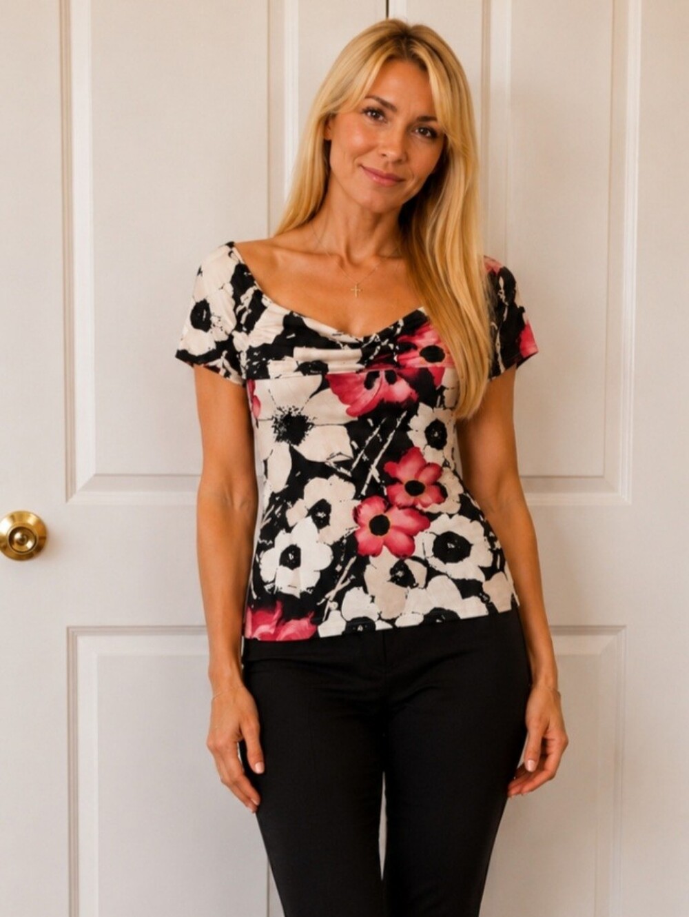 Dots Floral One-Shoulder Wrap Top in Cream, Pink and Black